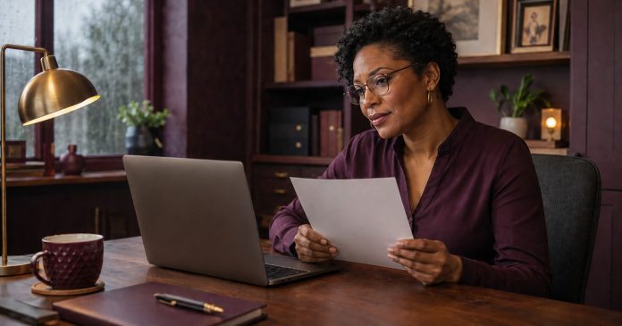 AI-created editorial illustration; corrected natural screen and reading-material orientation. A thoughtful Black woman in her late thirties with short natural curls and thin glasses closely comparing reviews on a laptop with a printed checklist at a richly detailed plum and walnut home office
