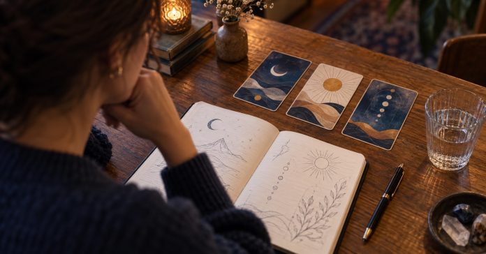 After a Psychic Reading: Separate Reflection from Facts A person reviews notes after a card reading, separating reflection from facts to check.