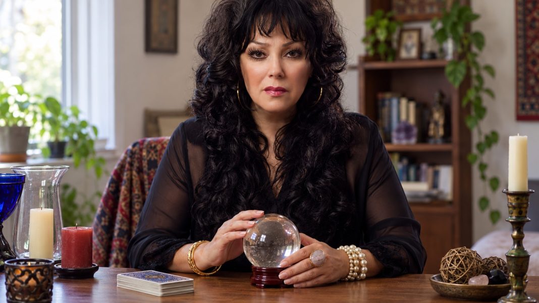 Woman with dark curly hair seated at a home table with a clear crystal sphere, card deck and unlit candles.