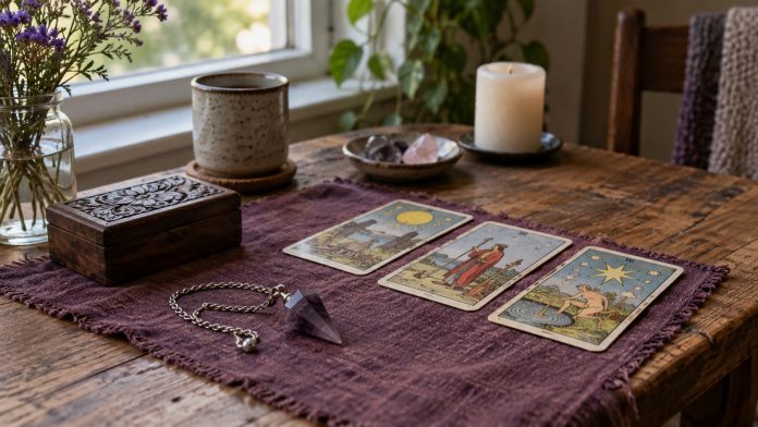 Reading tools on home table Pendulum, closed wooden card box and tarot cards on a home table.