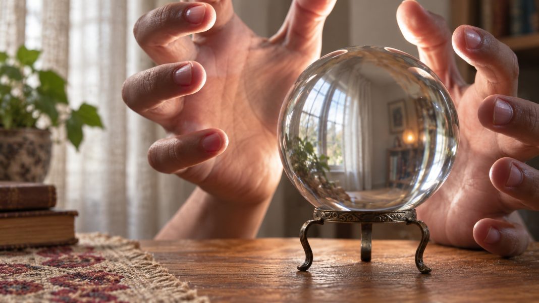 Hands around an ordinary clear glass ball on a small metal stand at a home table.