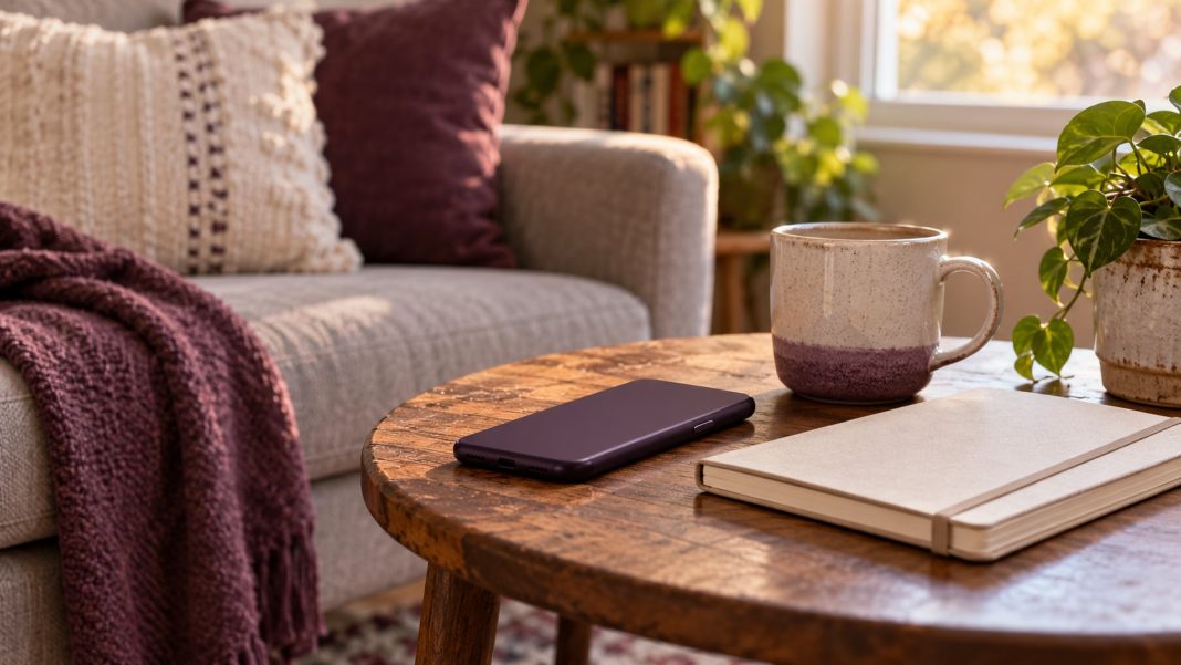 A smartphone, ceramic mug and closed notebook on a wooden table beside a sofa in window light.