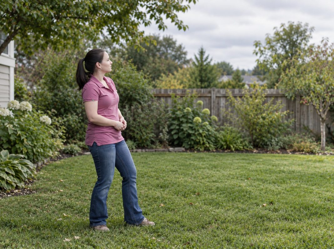 Quiet backyard reflection Woman in a pink shirt standing thoughtfully in a small backyard garden.