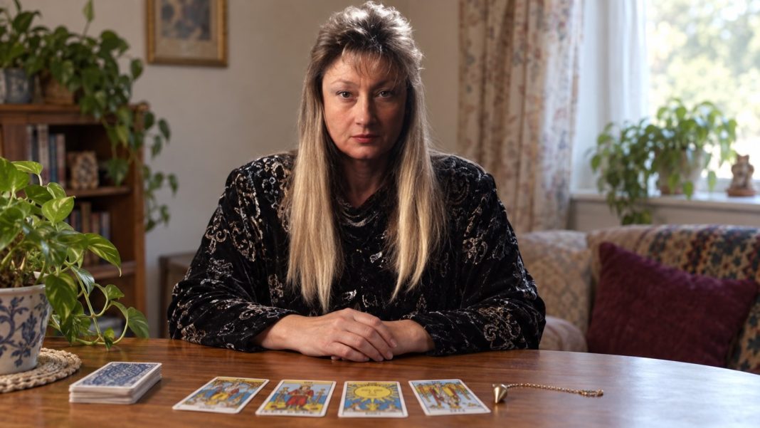 Illustrative reader portrait at a home table with normal-sized tarot cards and a pendulum.