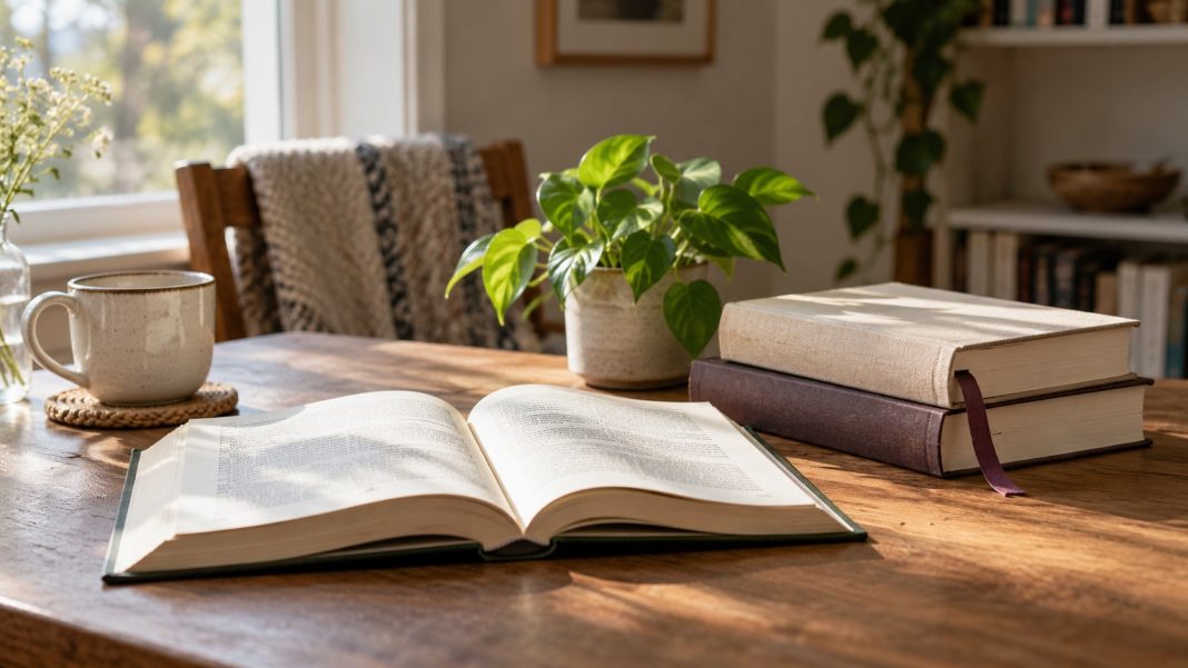 Open book and two closed books on a sunlit wooden table beside a plant.
