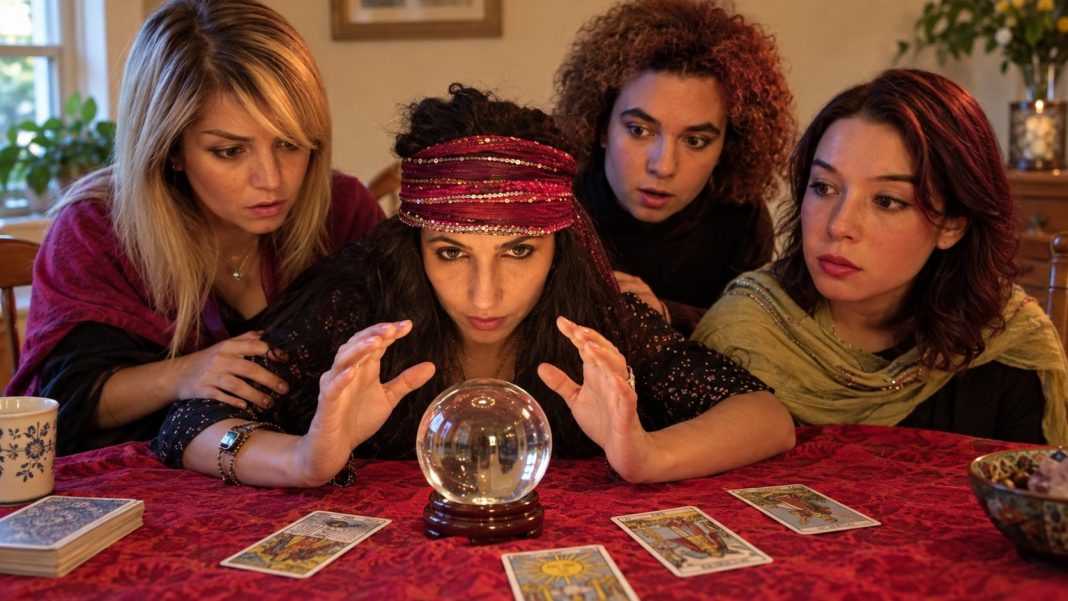 Four adult women gathered around normal-sized glass sphere and tarot cards on a home table.