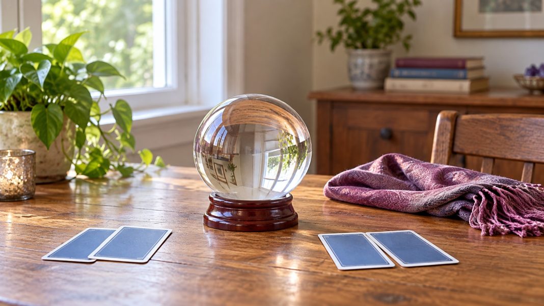 Clear glass sphere, two pairs of face-down cards and mauve scarf on a modest home table.