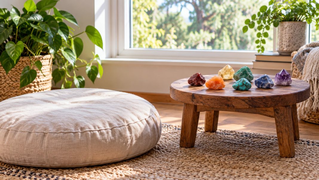 Plain floor cushion beside seven small colored decorative stones on a low home table by a window.