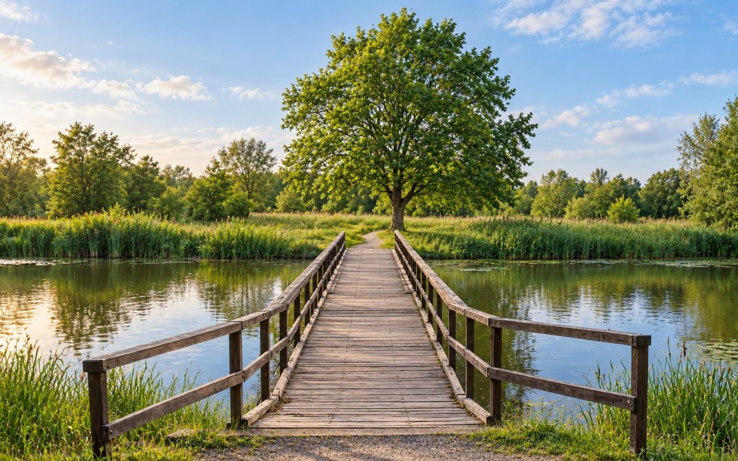 Wooden boardwalk crossing a pond toward a leafy tree on a grassy bank.