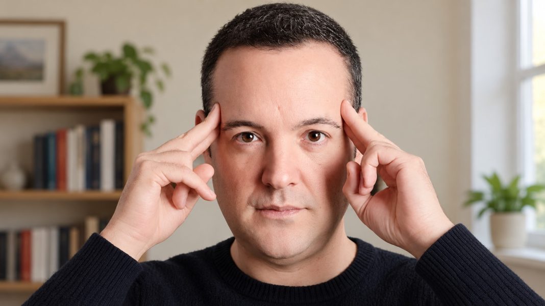 Man in a dark sweater with his hands beside his temples in a home interior.