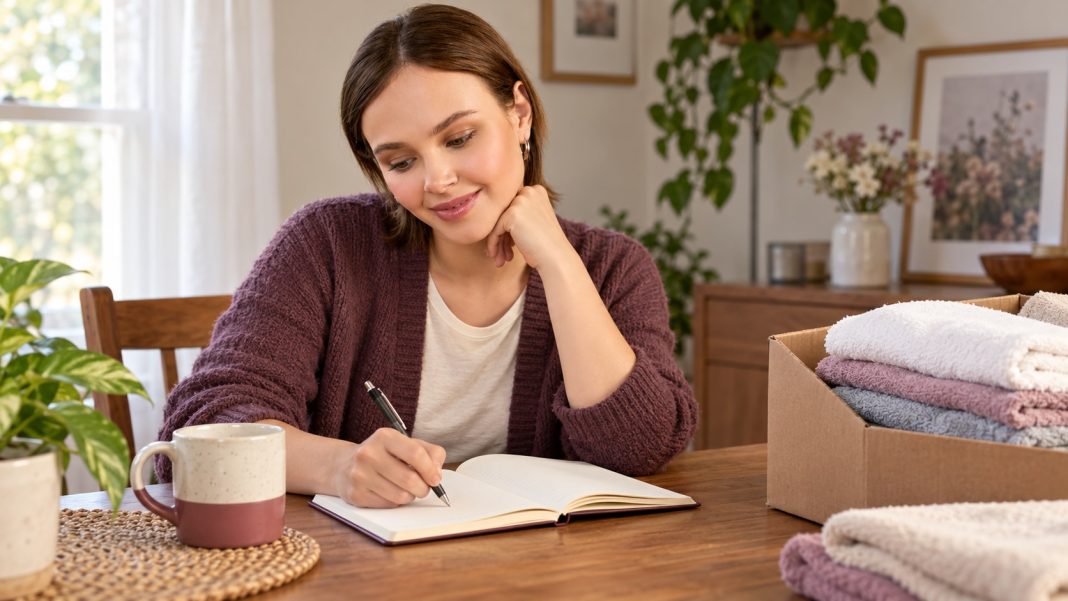 Woman planning a community-help activity at a home table beside a box of folded towels.