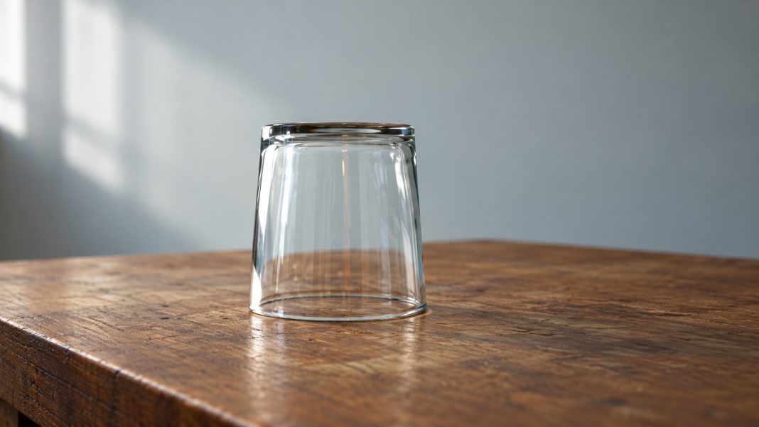 Ordinary upside-down glass resting safely on a worn wooden table.