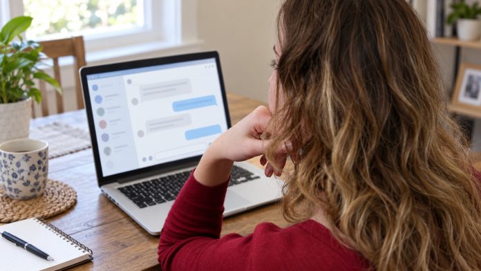 Woman in a burgundy top reading indistinct messages on a normal laptop at a home table.