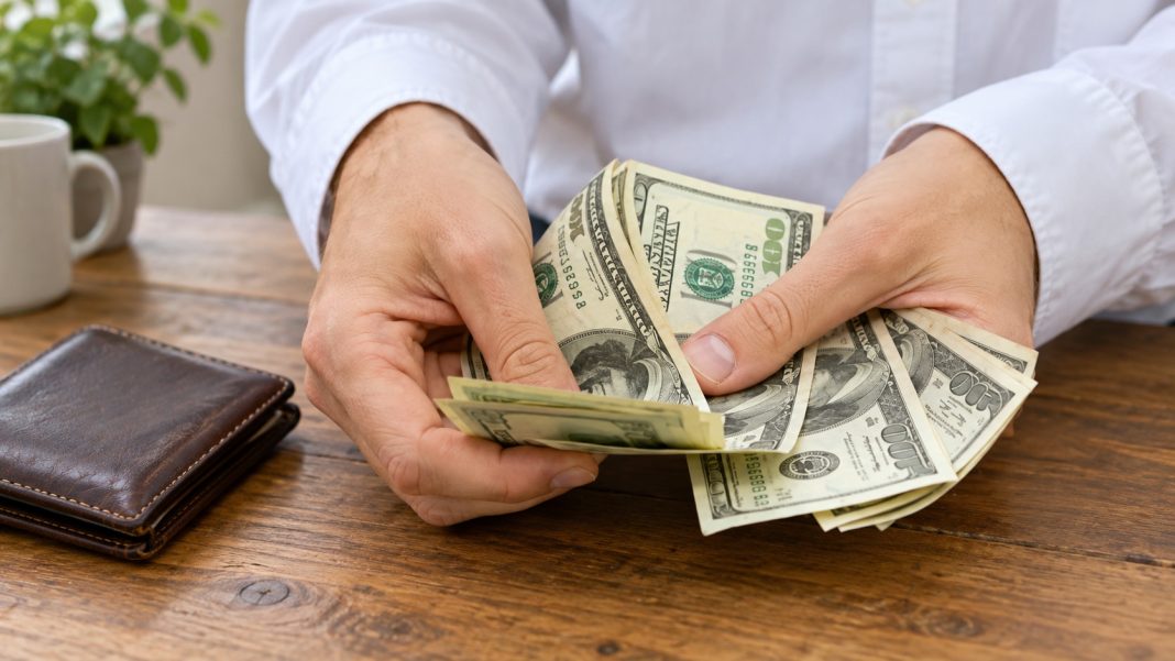 Original cash-counting composition repaired Hands with white shirt cuffs counting a few folded dollar bills beside a closed wallet on a home table.