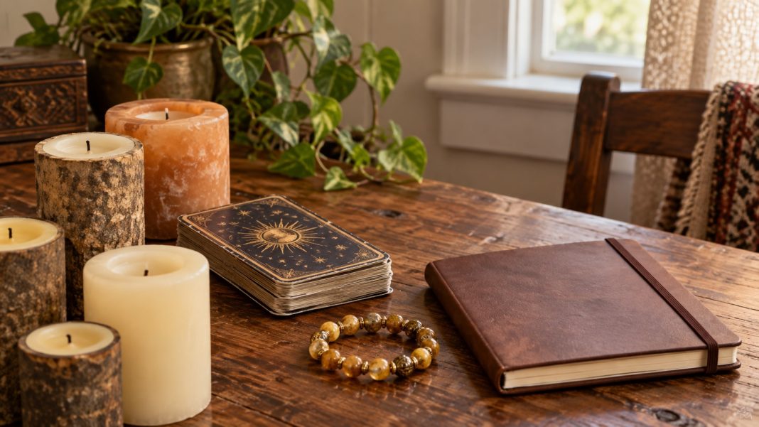 Original table motif repaired without people Unlit candles, a small card deck, beaded bracelet and closed notebook on an ordinary home table.