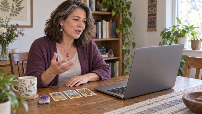 Home-workspace webinar presentation Woman speaking toward an open laptop webcam at a home table with three tarot cards and an amethyst specimen.