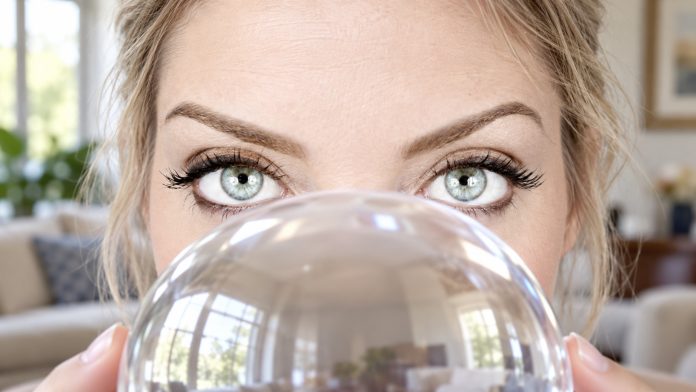 Existing eye and glass-sphere composition repaired Close-up of pale green eyes above a clear glass sphere in an ordinary home setting.
