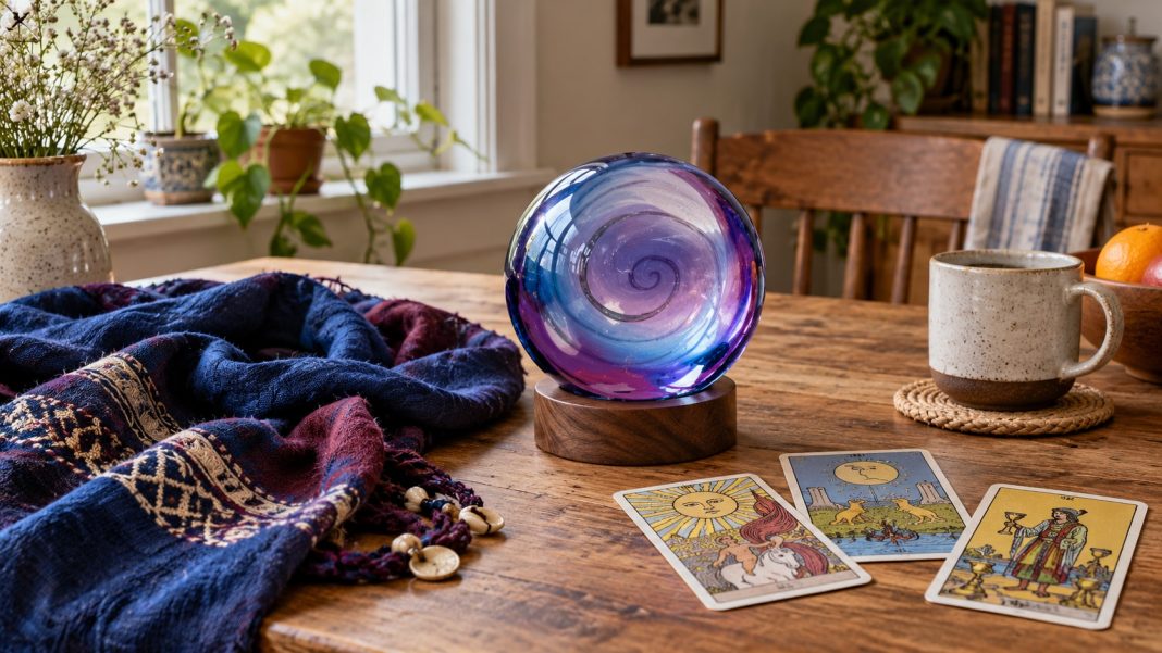 Psychic reading tools in an ordinary home Blue-violet glass sphere, tarot cards and folded fabric on a wooden home table