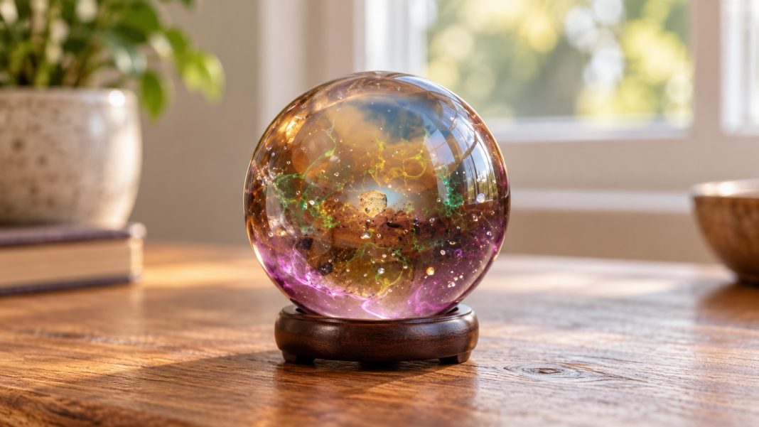 Decorative glass sphere with colored inclusions on a wooden support beside a home window.