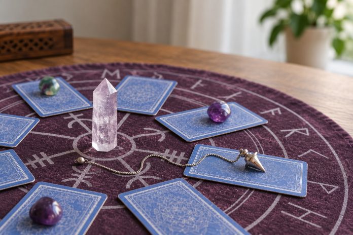 Reader communication styles: natural tarot tabletop Tarot cards, a faceted crystal, small stones and a pendulum on a plum-colored cloth in natural light.
