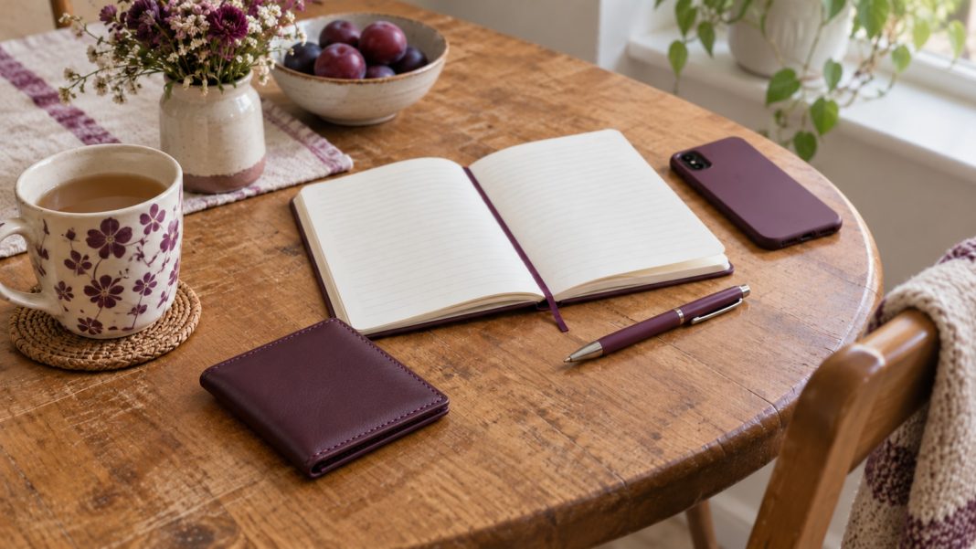 Reading cost comparison at home Notebook, pen, closed wallet and screen-down phone on a small home table.