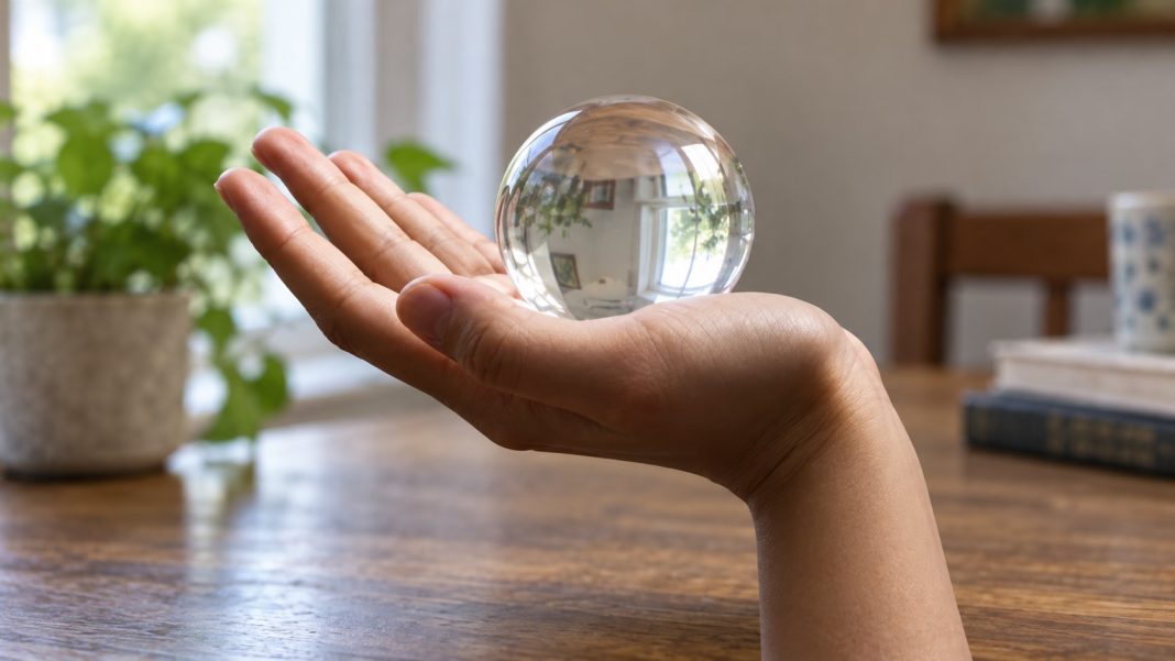 Original palm and glass composition repaired Ordinary clear glass sphere resting on a palm above a wooden home table.