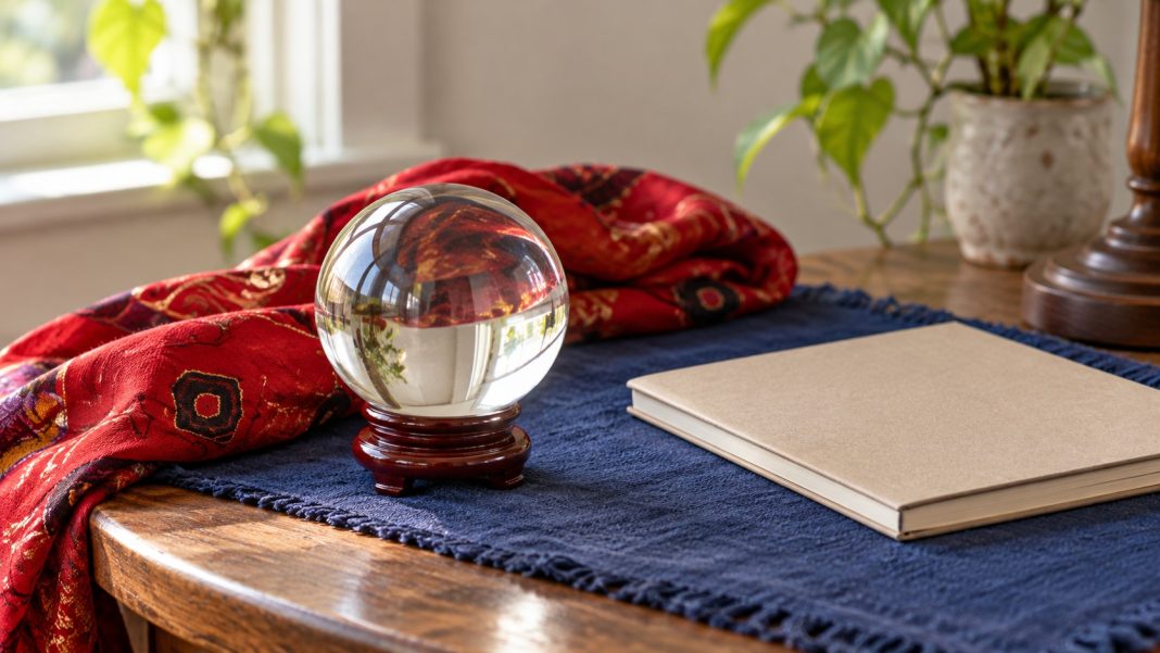 Clear glass sphere, folded red scarf and closed notebook on a blue mat at home