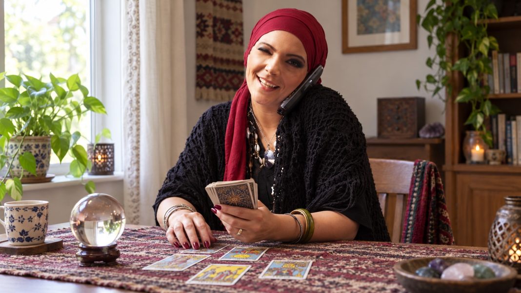 Woman speaking on a phone at a modest home table with tarot cards and a small glass ball.
