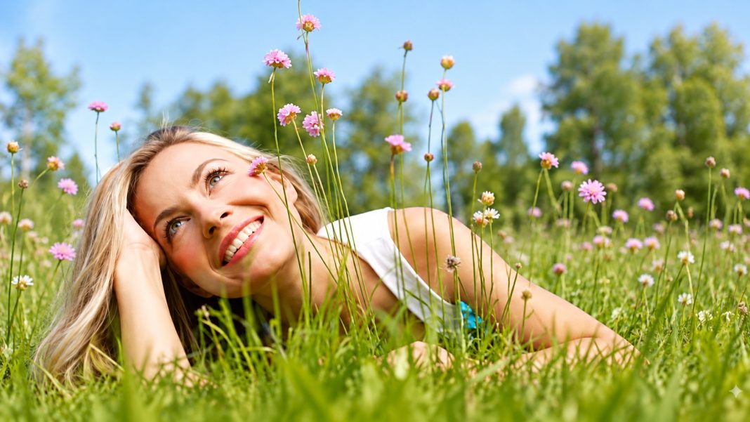 Outdoor reflection photograph repaired Woman resting her head on her hand among grass and pink flowers in daylight.