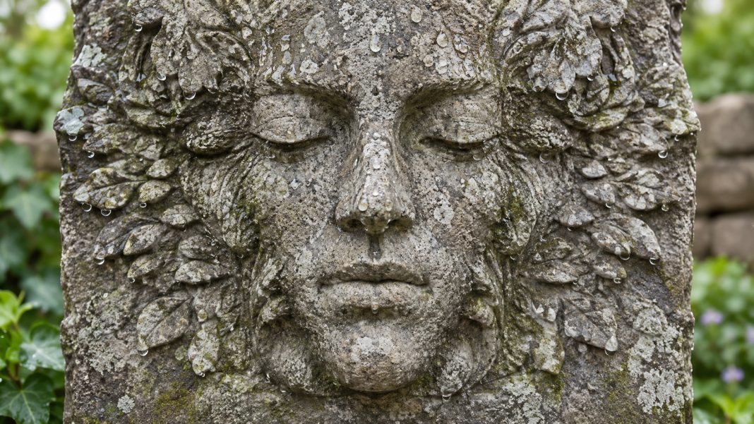 Decorative gray stone face carving with closed eyes and water droplets in a garden.
