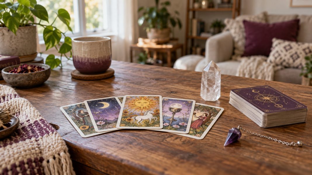 Illustrative home reading table Tarot cards, a quartz point and a pendulum on a wooden table at home.