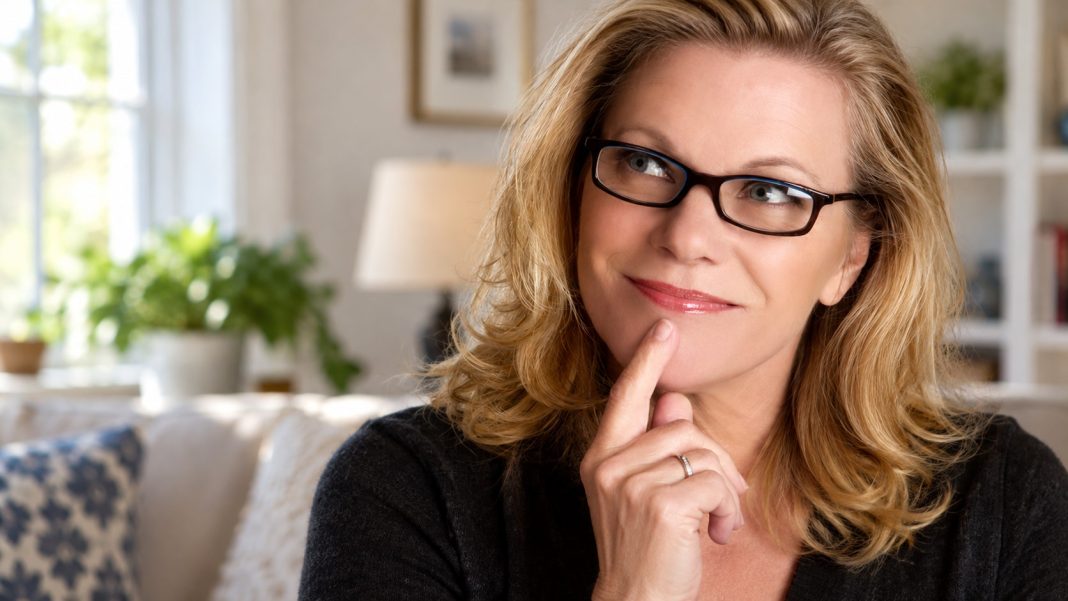 Original reflective portrait repaired Woman with black rectangular glasses resting a finger on her chin in an ordinary home setting.