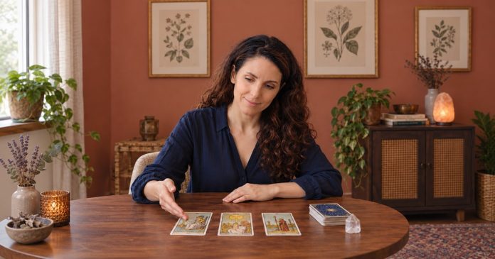 trustworthy-psychic-distinct-model-20261014 A tarot reader calmly explaining a three-card spread in a realistic terracotta consultation studio.