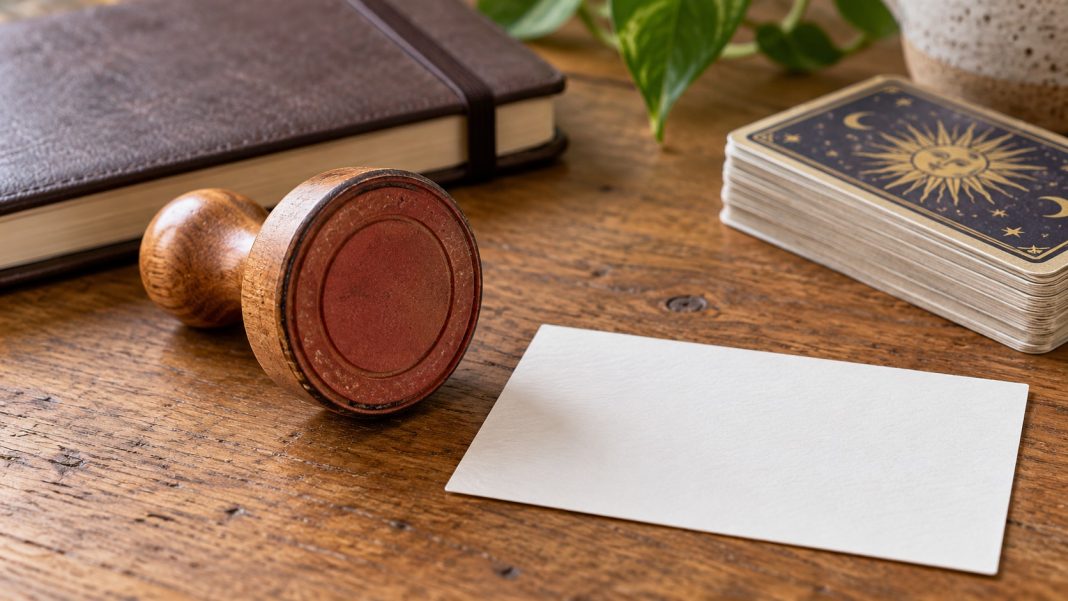 Unmarked round wooden stamp beside blank card, notebook and small reading-card deck on a home table.