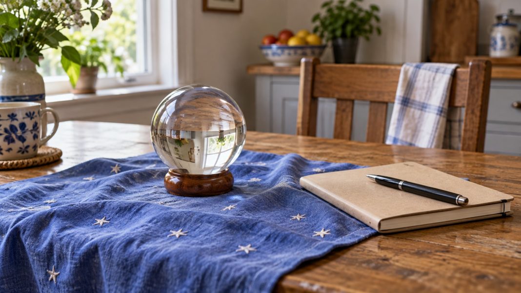 Small clear glass sphere on a blue star-pattern cloth beside a notebook and pen at home