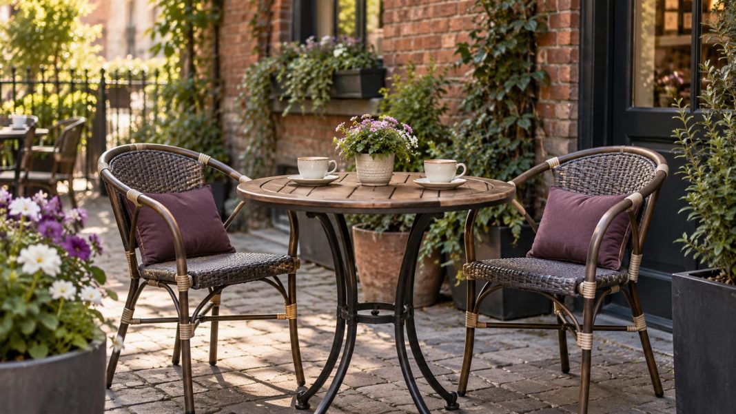 Cafe courtyard conversation setting Two empty chairs and coffee cups at a cafe courtyard table.